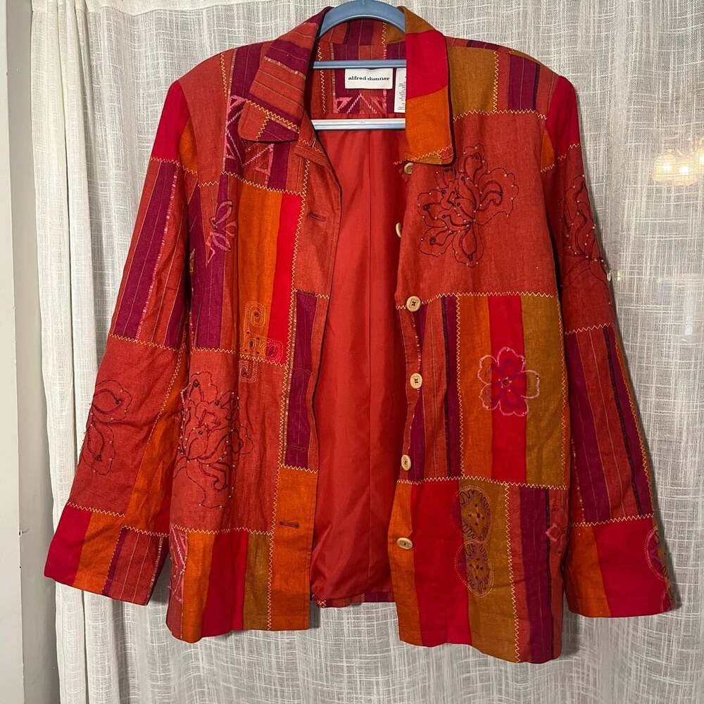 Alfred Dunner Fall Patchwork Beaded Button Up Jacket Size 18